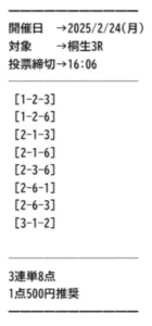 2025年2月24日 桐生3レース 無料予想の買い目