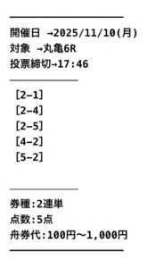 2025年11月10日 丸亀6レース 無料予想の買い目