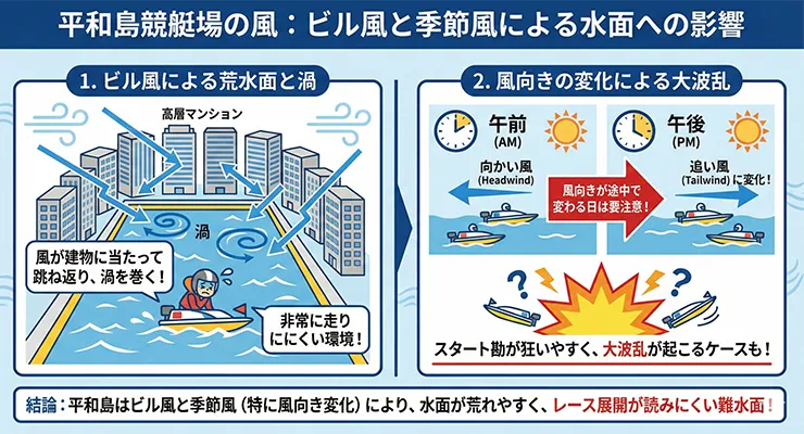 平和島競艇場のビル風と季節風による水面の影響