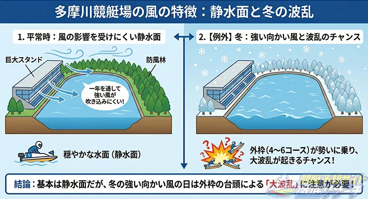 多摩川競艇場の季節の変化による風の影響を表した図