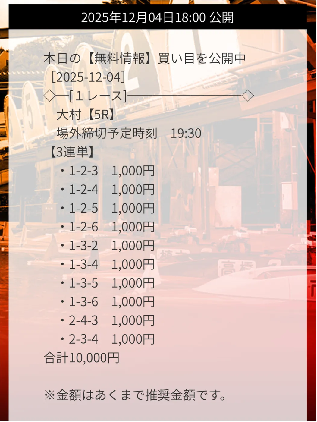 競艇ダイヤモンド 2025年12月4日 大村5レース 無料予想の買い目