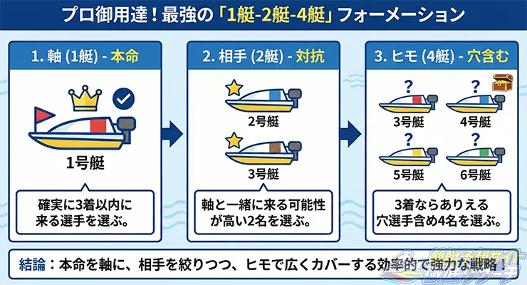 1艇-2艇-4艇フォーメーションについて解説している図
