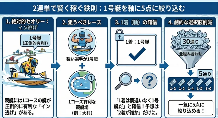 1号艇を軸に買い目を5点に絞り込む方法の図解