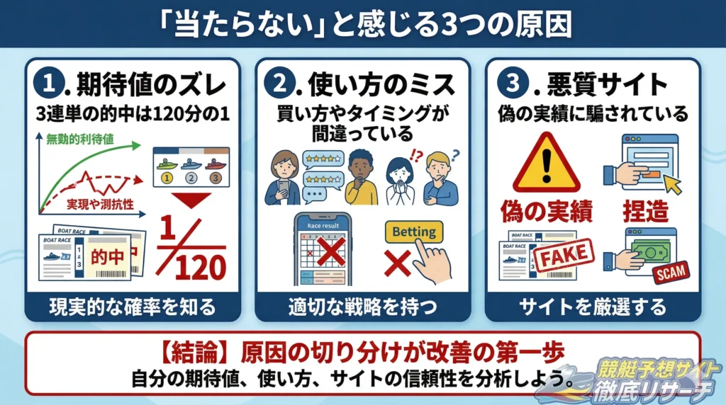 競艇予想サイトが「当たらない」と感じる本当の理由