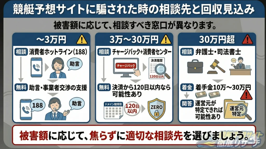 競艇予想サイトに騙された時の相談先と回収見込み
