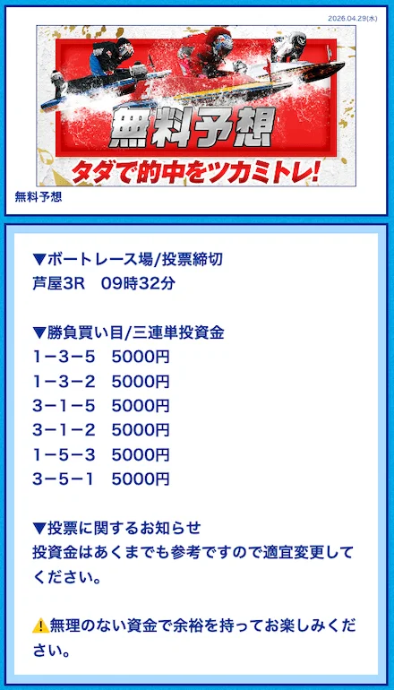 4月29日芦屋3R無料予想