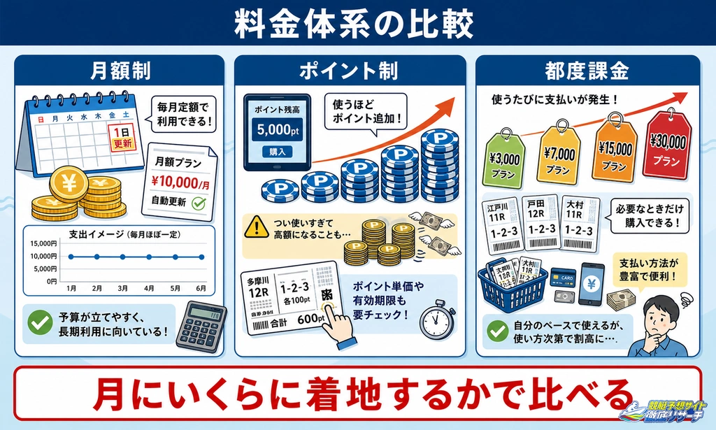 競艇予想サイトの料金体系3タイプ比較
