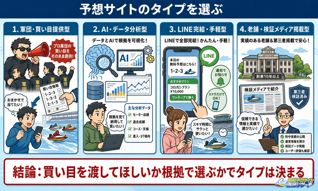 自分のスタイル別に競艇予想サイトのタイプを比較して絞る