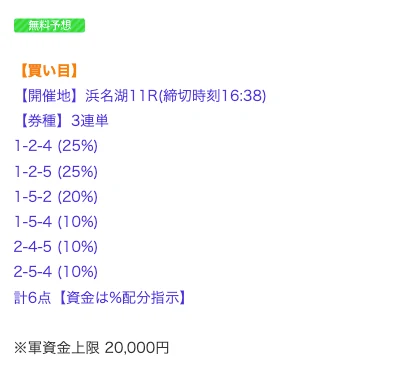 浜名湖11R競艇ウェーブ無料予想の買い目（2026年7月15日）