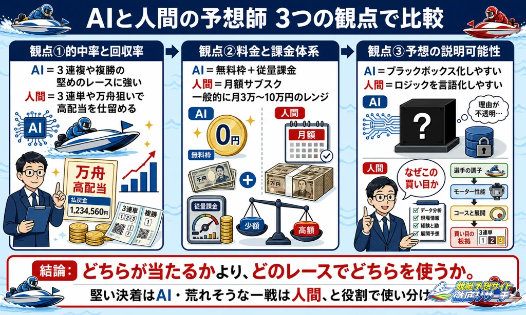 AI搭載の競艇予想サイトと人間の予想師を3つの観点で比較
