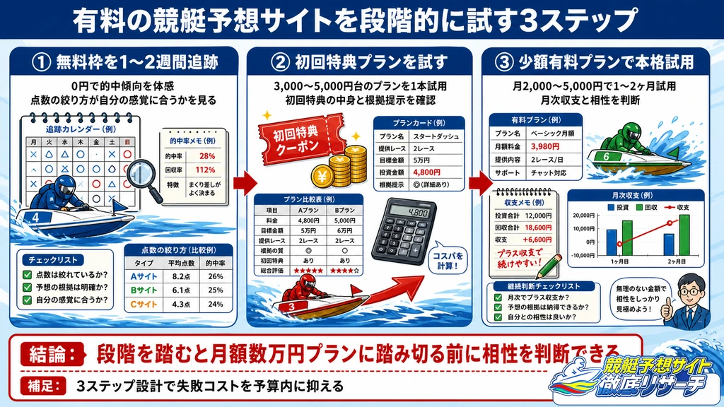 有料の競艇予想サイトを段階的に試す手順